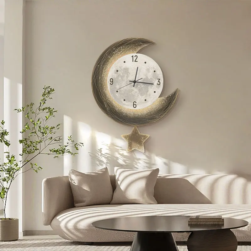 Glowing Moon Wall Clock with LED Light Modern Silent Night Light for Living Room Bedroom Home Decor Creative Wall Decor
