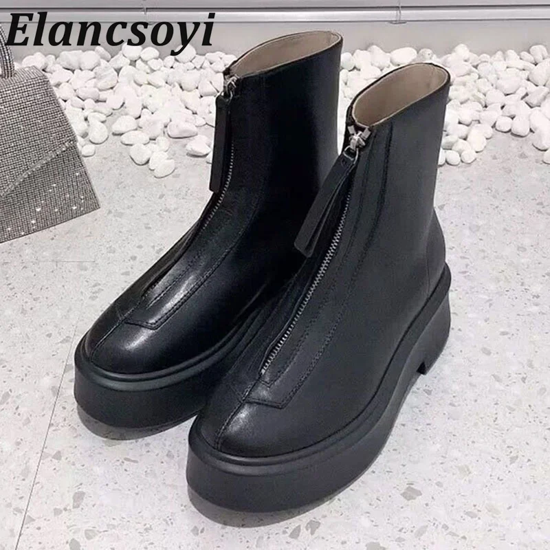 

Round Toe Flat Thick Soled Genuine Leather Short Boots Women Front Zipper Design Ankle Botas Spring Autumn Winter Riding Boots