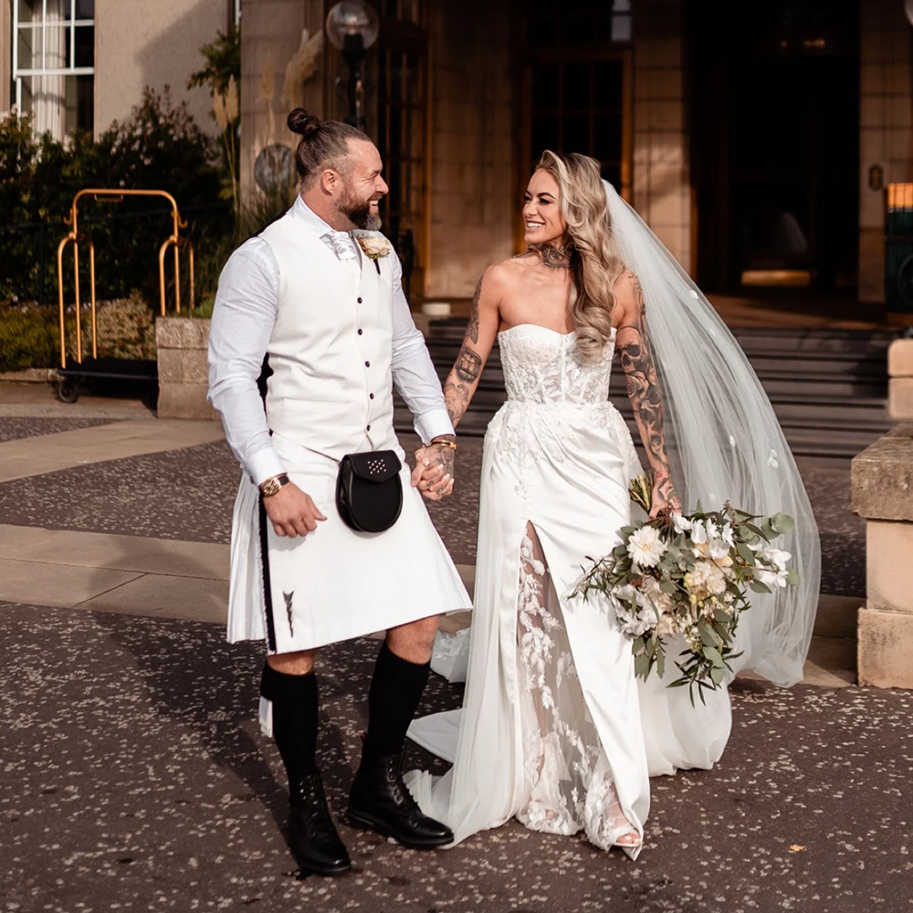 Sheath Strapless Beading High Split Bridal Gowns Customized Sexy Shining Luxury Wedding Dress With Detachable Train Overskirt