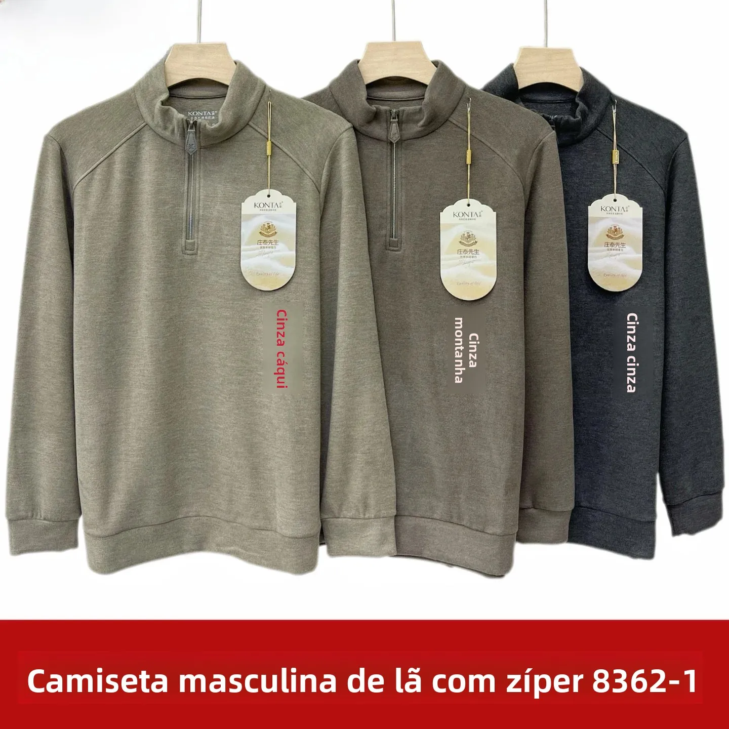 Camiseta Masculina de Manga Longa com Meio Zíper e Gola Média, em Caxemira Espessa com Proteína e Flocagem, Estilo Casual e Q...