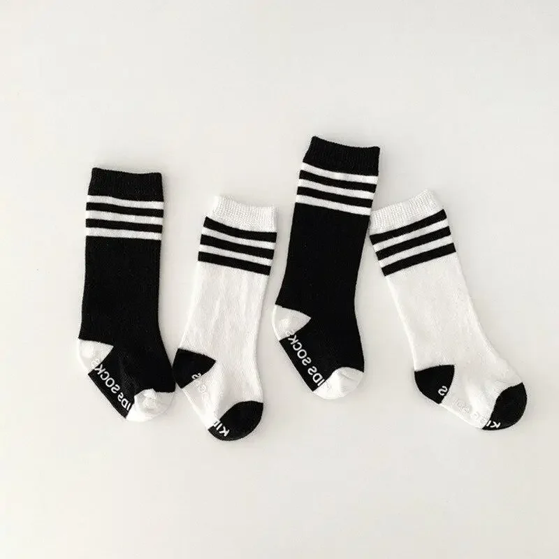 Korean Black White Striped Anti-slip Home Stitch Floor Stocking Spring Autumn Winter Soft Cotton Baby Girls Knee High Long Socks