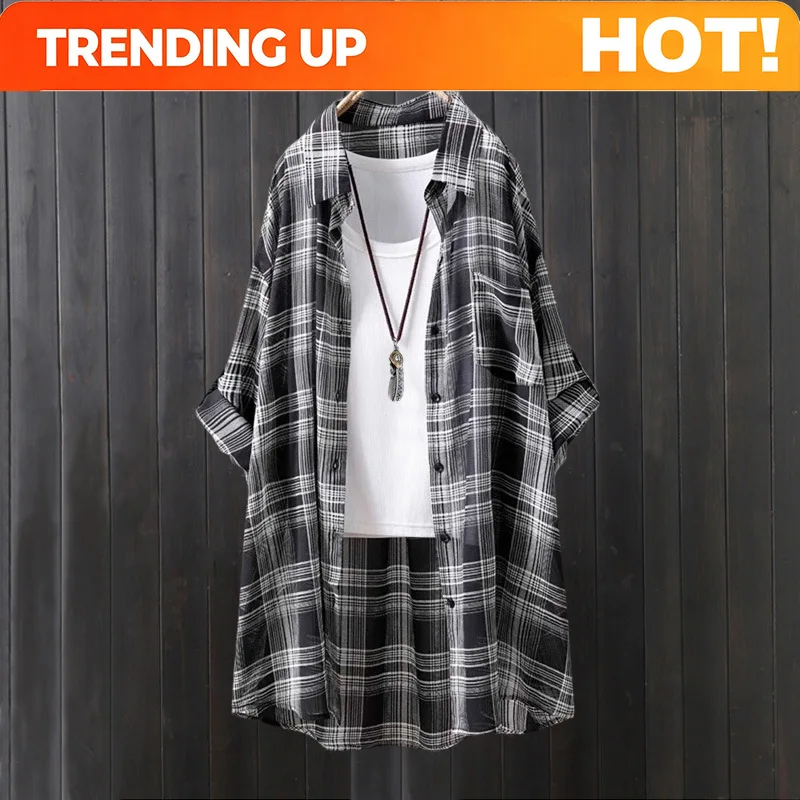 Customization Plaid Shirt Women's Summer Drapey Plus Size Top Mid-length Loose Butt-covering Thin Coat Chiffon Shirt Long-sleeve