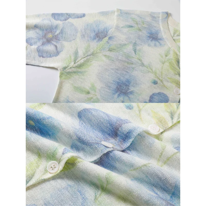 Dames zomer lange mouw bloemenprint gebreid O-hals vest casual lichtgewicht gebreide trui jas met zonwering