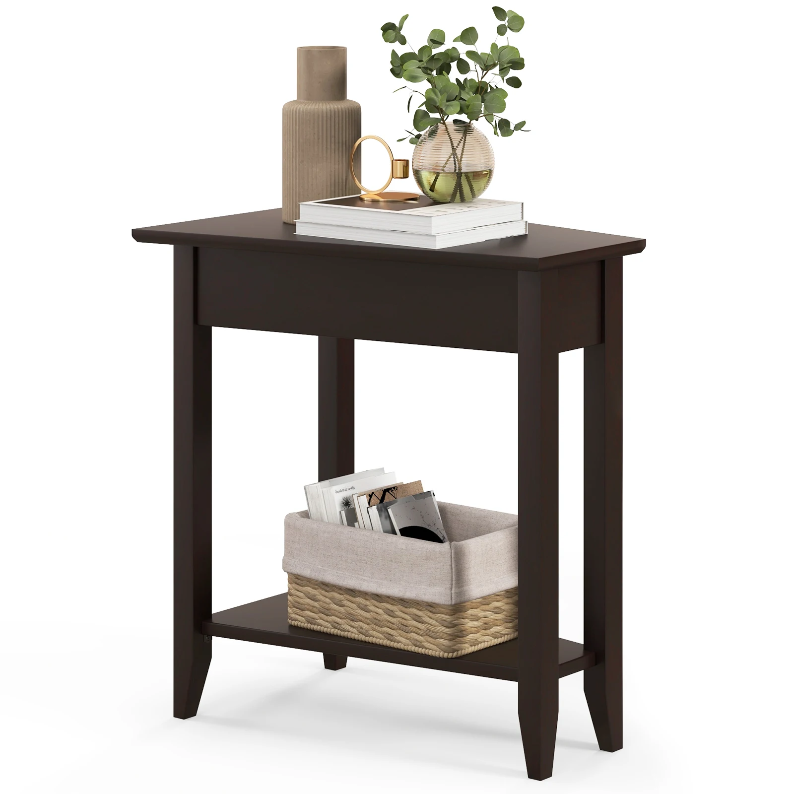 

2-Tier End Table Irregular Narrow Sofa Side Nightstand w/ Storage Shelf Espresso