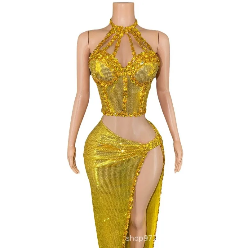 Gold Shiny Glam High Split Dress Adult Model Catwalk Trendy Clothing Company Annual Meeting Dress Maxi Dresses For Wedding Guest