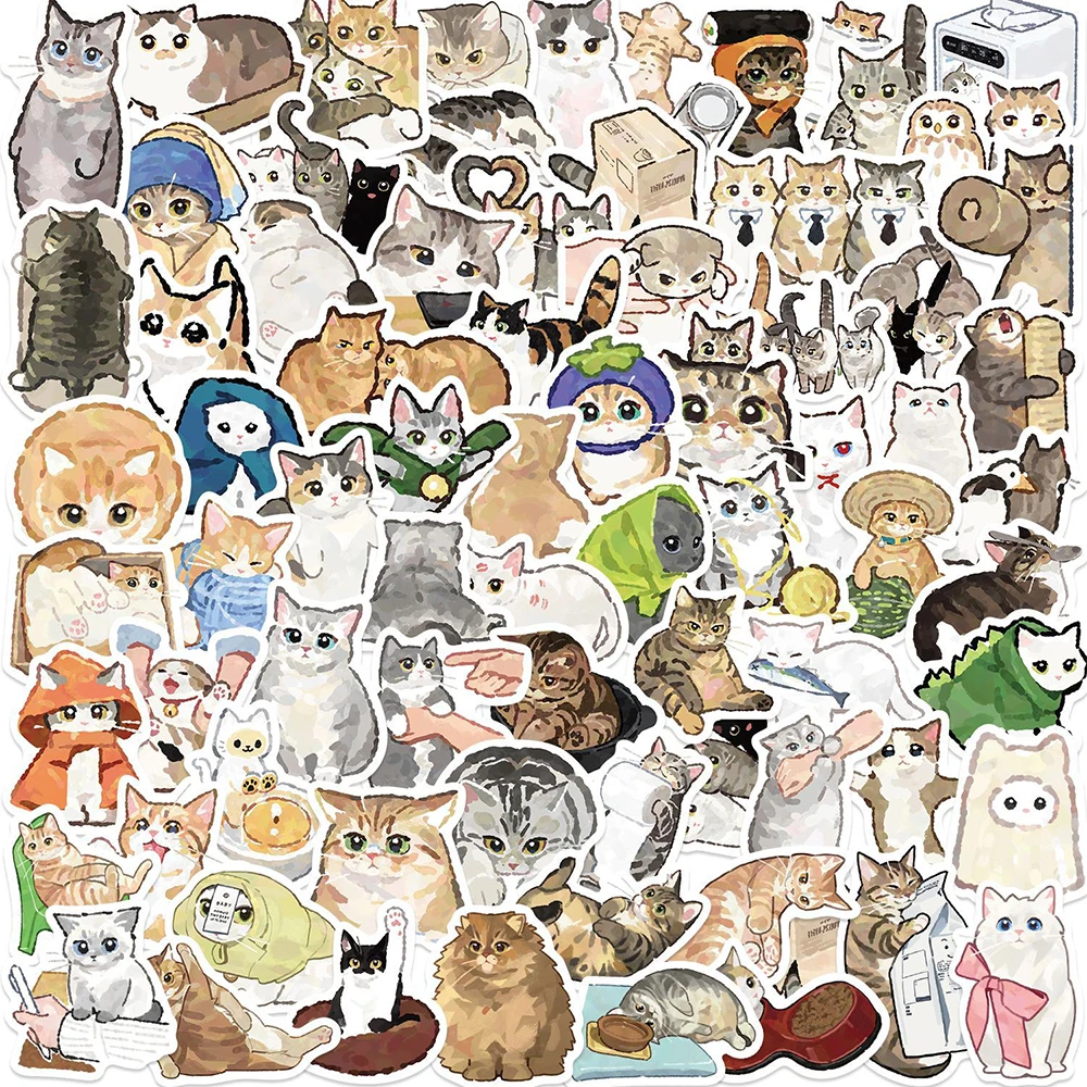 10/30/77Pcs Cute Watercolor Cat Cartoon Graffiti Stickers Aesthetic Waterproof DIY Laptop Suitcase Kawaii Decoration Decals
