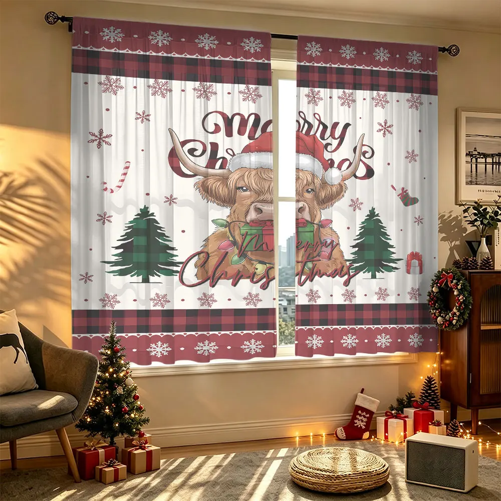 2pcs Highland Cow Snowflake Christmas Rod Pocket Curtains Double Panel Window Drapes For Living Room Bedroom Holiday Decor Pr