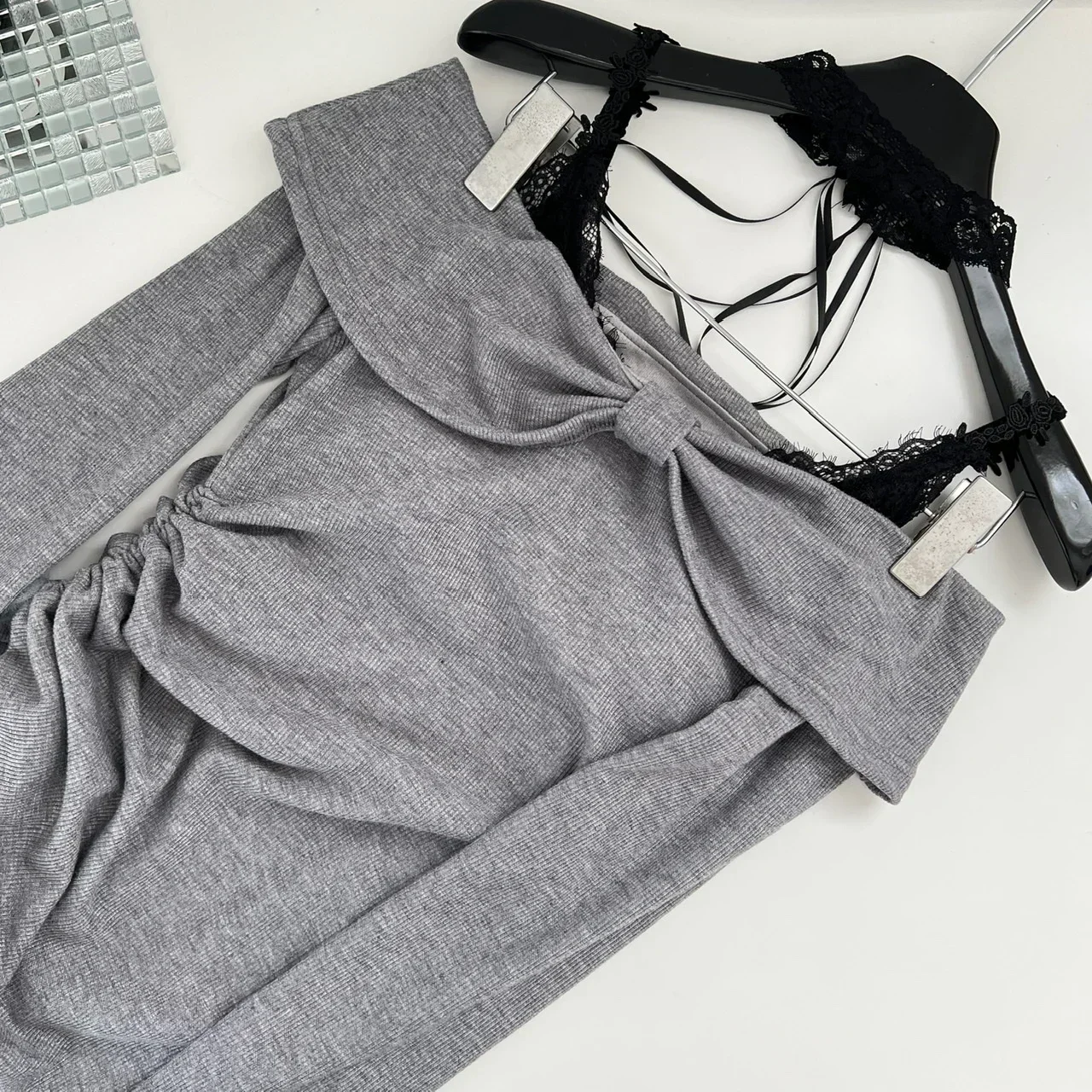 French Sexy Elegant Y2k 2 Piece Sets Women Vintage Bow Long Sleeve Blouse + Lace Casual Vest Female Chic Clothing Autumn 2024