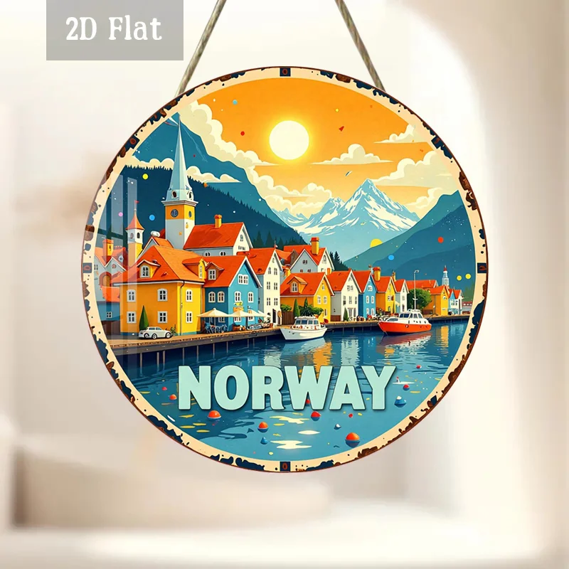 2D Flat, 1pc Norway Alpine Village Round Wood Panel Wall Art - Frameless Scandinavian Suitable for Home, Cafe, Garage Decor - Vi