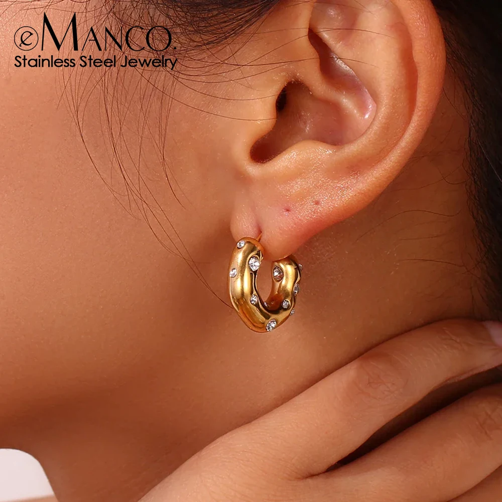 eManco Sparkling Rhinestones High Quality Stainless Steel Gold Plated CC Shape Hoop Earrings Suitable for Women Party Wear