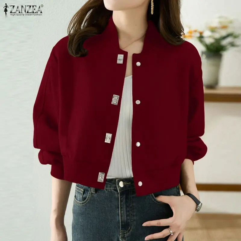 

ZANZEA Spring Women's Textured Twill Short Jackets Casual Long Sleeve Solid Button Up Baseball Jackets Trend 2026 Woman Coats