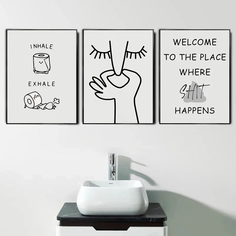 Humour Bad Smell Funny Bathroom Cute Line Canvas Paintings Poster Black White Prints Wall Art Pictures WC Toilet Room Decor