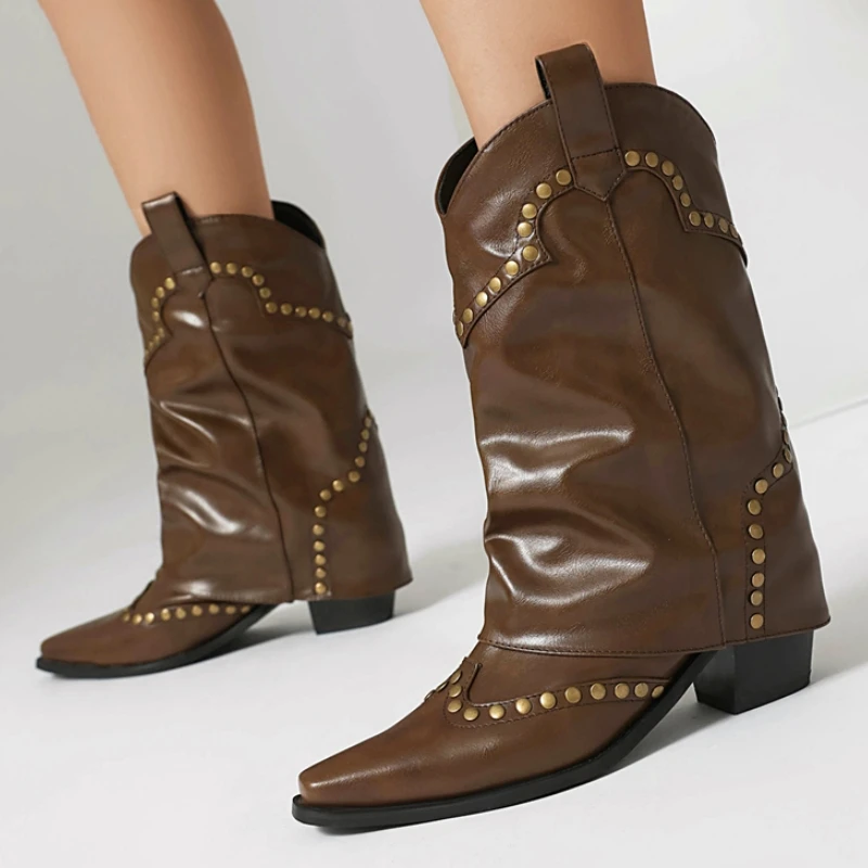 

Mid-calf Boots for Women New 2024 Trends Winter Black Brown Short Riding Boot Heeled Rivet Footwear Shoes Lady Large Size 48