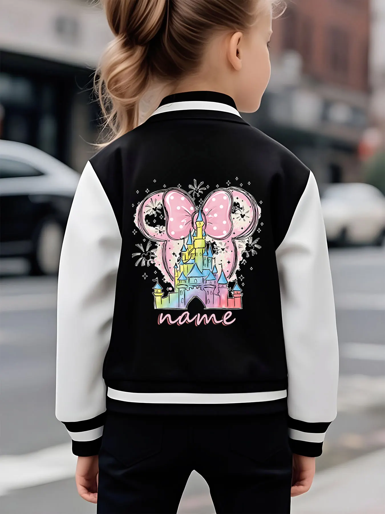 سترة بيسبول للفتيات من MINISO Disney Minnie's Castle - طباعة حالمة على الوجهين، دافئة ورومانسية في الخريف والشتاء، مناسبة