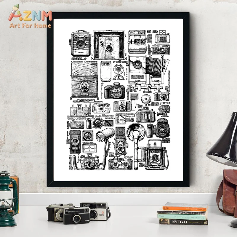 AZNM Vintage Camera Collection Canvas Wall Art Black White Sketch Retro Cameras Drawing Photographer Studio Unframed Canvas Deco