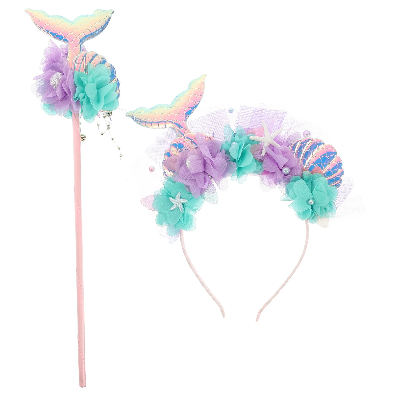 1 Zestaw Kostiumu Syrenki Rekwizyty dla Dzieci Materiałowa Opaska Plastikowa Różdżka Zestaw na Imprezę Cosplay Urodziny Korona Syrenki Różdżka Wróżki Akcesoria