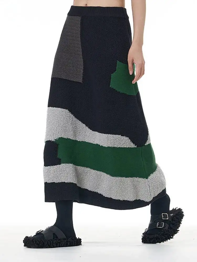 High Elastic Waist Black Color-block Knitting A-line Half-body Skirt Women Fashion Tide New Spring Autumn