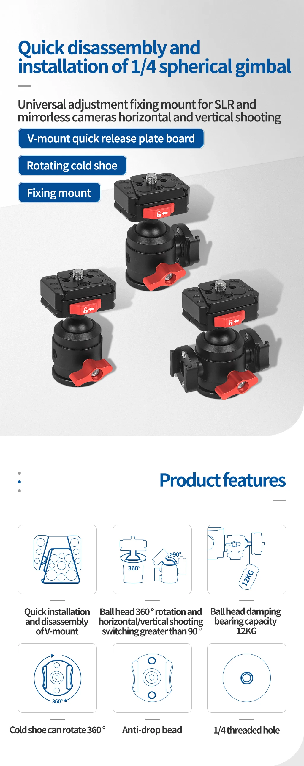 DSLR-Kamera-Stativ-Kugelkopf mit 1/4-Zoll-Gewinde, Cold-Shoe-Halterung, V-Port, Schnellwechselplatte für Fill-Light und Mikrofonständer, max. Belastung 12 kg – Detail 1