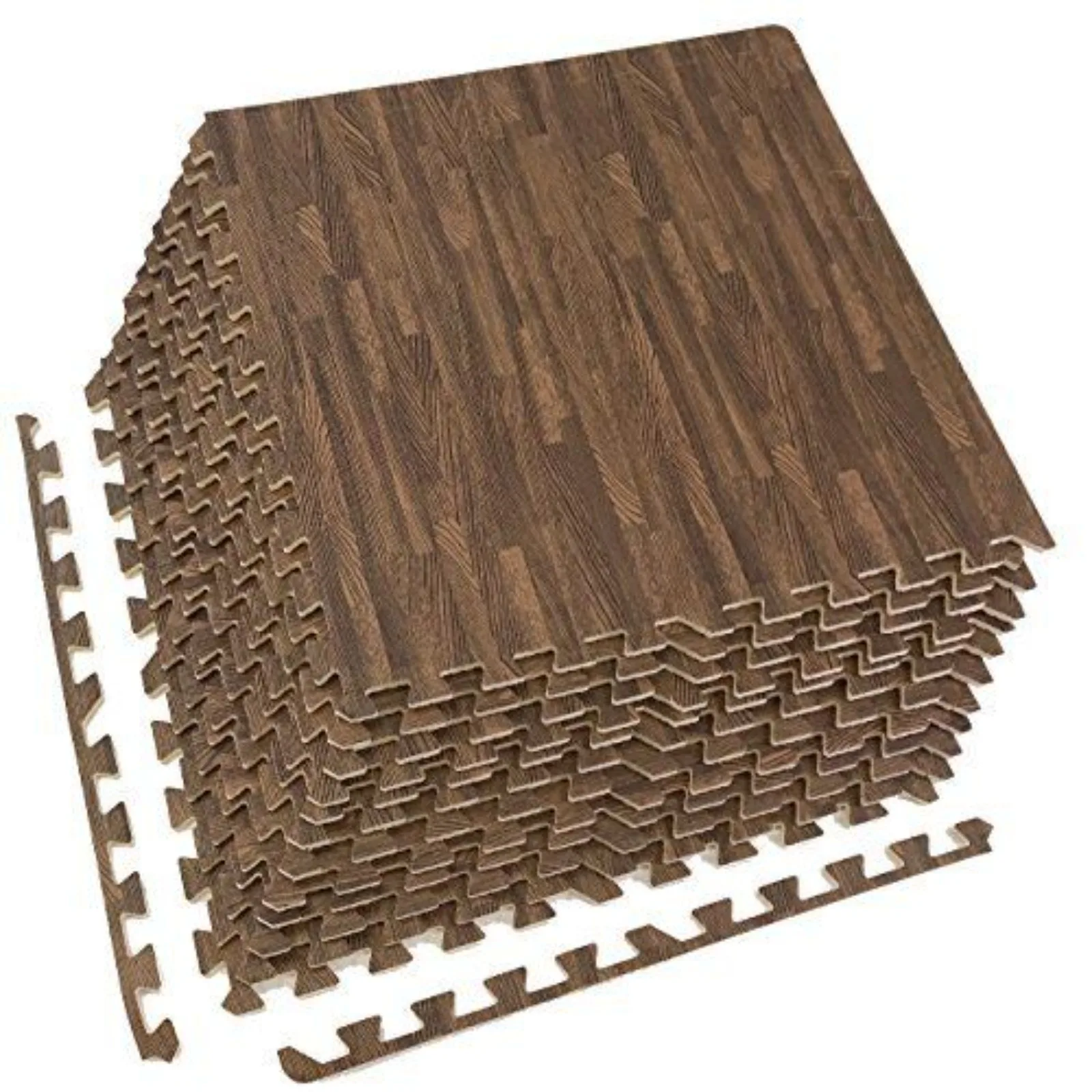 

US 12-Pk Dark Wood Grain Foam Tiles- DIY Installation- Interlocking Floor Yoga Mat