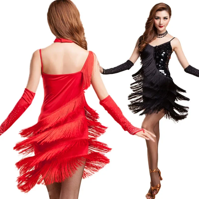 

Women Latin Dance Costumes Adult Fringe Sequin Dress Professional Sumba Dancing Dresses Tassels for Girls High Quality Dancewear