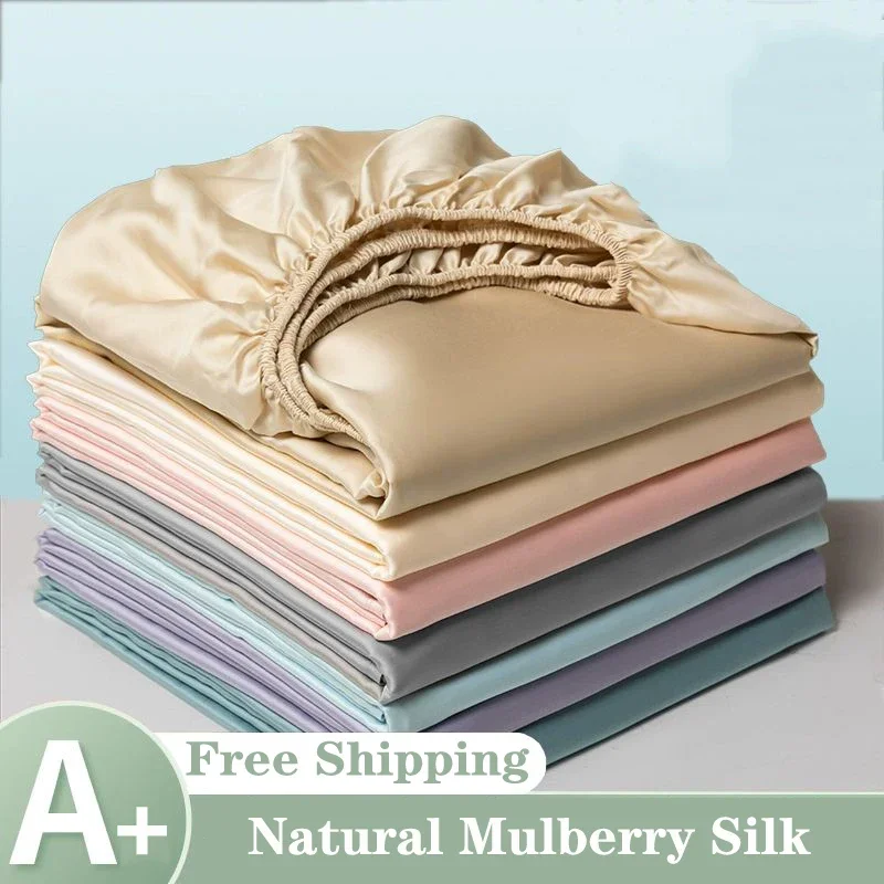 Mulberry Silk Fitted Bed Sheet with Elastic Bands Luxury Mattress Cover Single Double King Queen Size Bed Cover 100/140/200/220