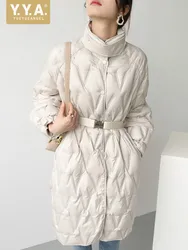 Women Winter Stand Collar Light Weight Long Down Jacket Vintage Loose Fit Belted Overcoat Rhombus Oversized White Duck Down Coat