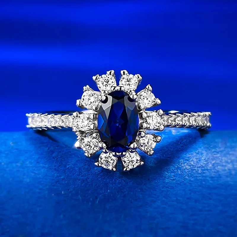 

S925 Silver New Sapphire 4 * 6 Elliptical Ring Women's Luxury Zircon Inlay Style Fashionable and Versatile Daily Style