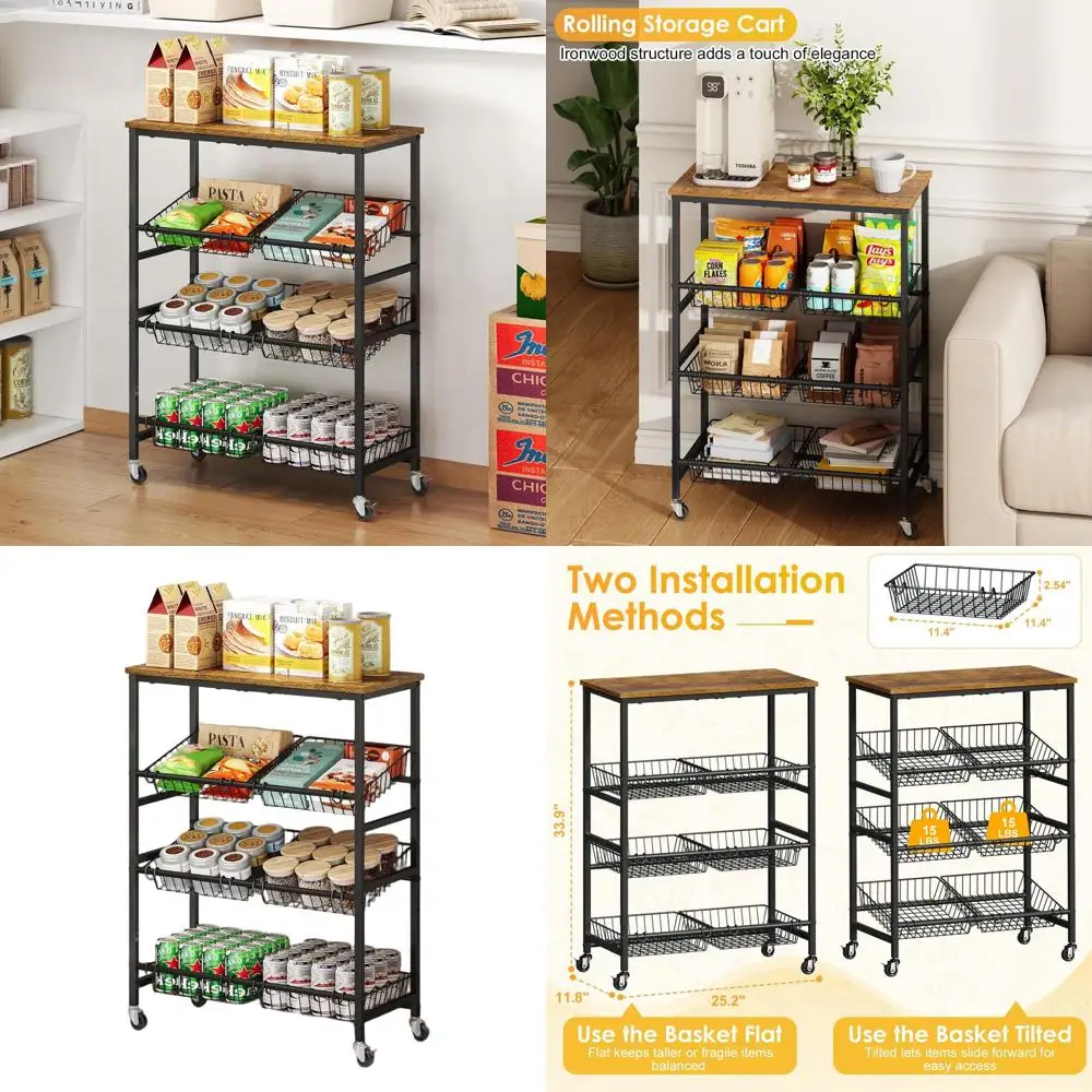 

Multi-Tiered Kitchen Cart with Storage Shelves and Wire Baskets for Snacks and Produce