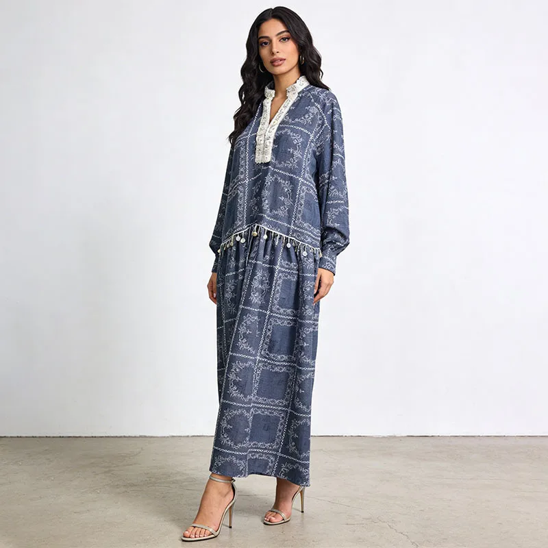 Fashion Spring New V-Neck Dress Lantern Sleeve Lace Patchwork Dark Pattern Jacquard Loose Fit Long Skirt French Retro Casual