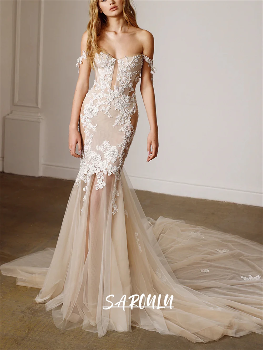 

Champagne Tulle Long Wedding Dress, Customized, Off Shoulder Floral Bride Dresses, Gorgeous Mermaid Long Train Bridal Gown