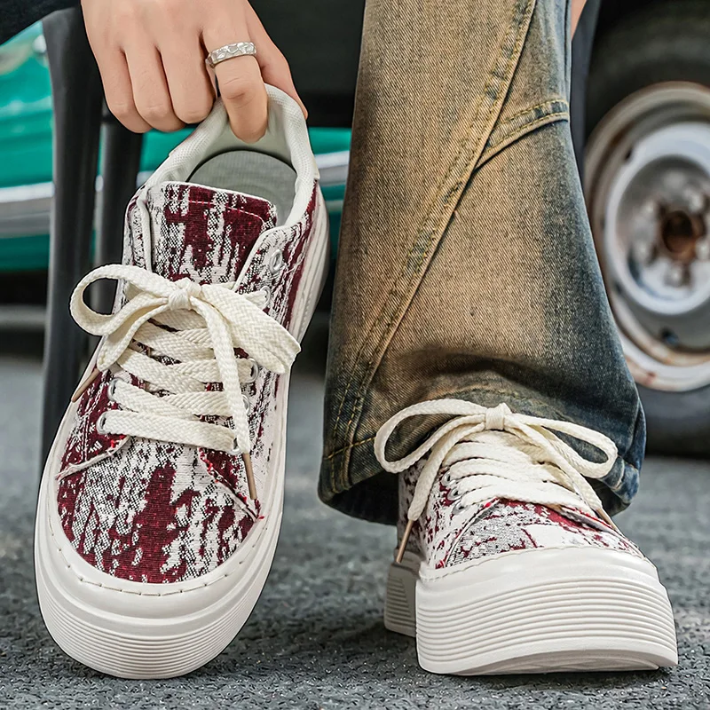 Spring Autumn Men Canvas Shoes, Ink Wash Printed Breathable Casual Footwear, Lightweight Soft Sole Sports Skate Sneakers for Men