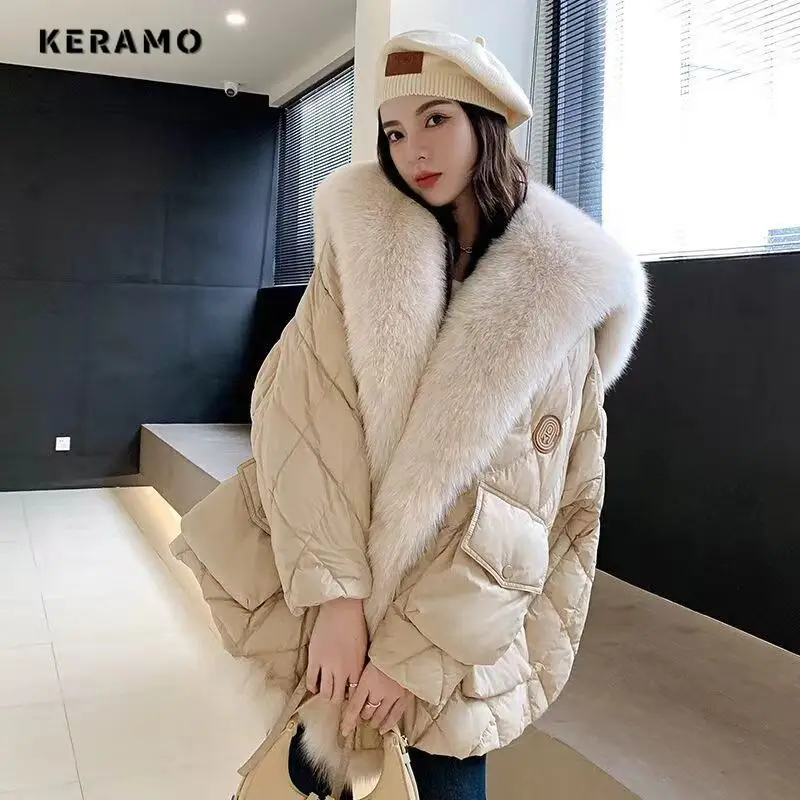 Winter Women Big Luxury Faux Fox Fur Collar Coat 2023 Fluffy Loose Puffer Jacket Feather Female Parka Snow Outwear Windproof