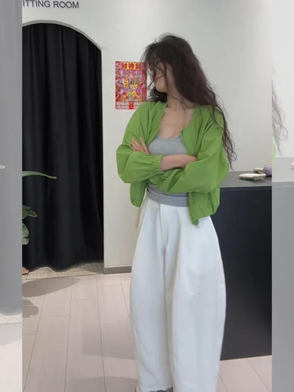 

Summer 2025 New Korean Style Green Sun Protection Shirt Pants Set Women's Fashion Commute Clothing High Waist Long Pants