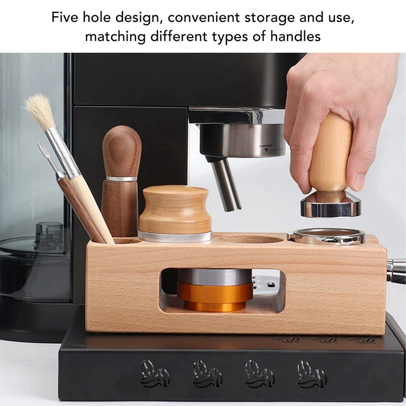 Espresso Tamper Holder Station, 5 Hole Wooden Espresso Tamper Mat Stand Tamper Station Wooden Base With Mat