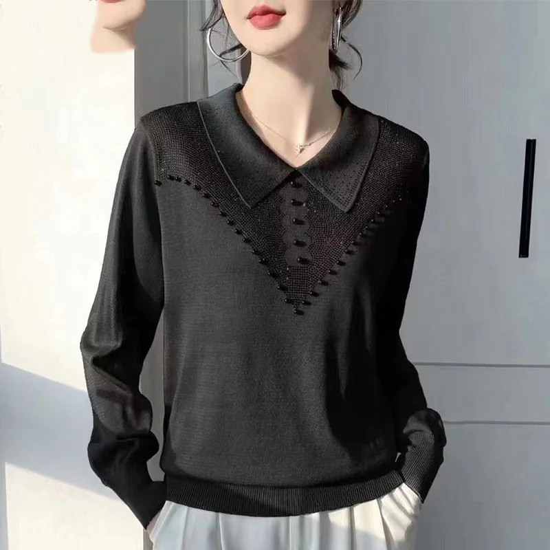 Spring Autumn New Solid Color Doll Collar Long Sleeve Ice Silk Fabric Knitting Pullovers Women Diamonds Embroidered Flares Tops