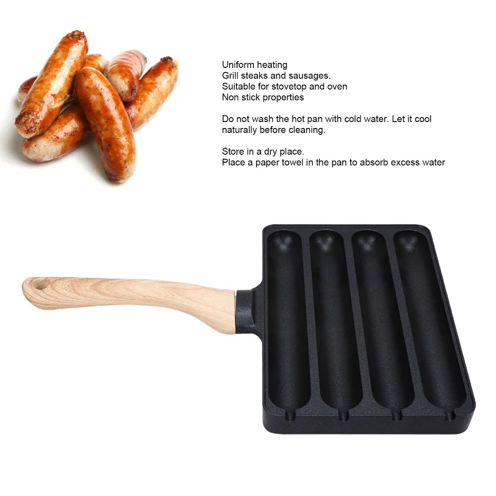 Practical Wood Handle Hot Dog Pan Save Space Compact Sausage Pan Aluminum Alloy + Bakelite Black Sausage Grill Pan Gas