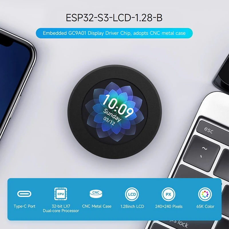 Waveshare ESP32-S3 مجلس التنمية 1.28 بوصة IPS شاشة LCD مستديرة 240 × 240 دقة GC9A01 عرض سائق رقاقة مع علبة معدنية باستخدام الحاسب الآلي #3