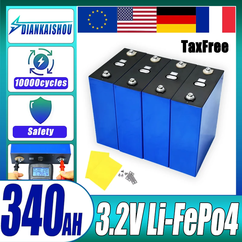 

4pcs 3.2V 340AH Lifepo4 Battery Grade A 3C High Power DIY 12V 24V 48V EV RV Solar Energy Storage Rechargeable Battery Tax Free