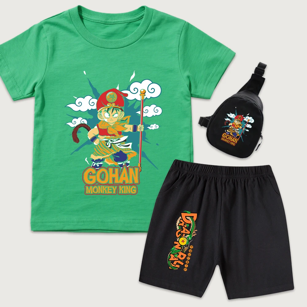 Dbz Gohan Monkey King Anime Print Cotton T Shirt Shorts Mini Chest Bag 3pcs Set Kids Boys Girls Casual Outfit