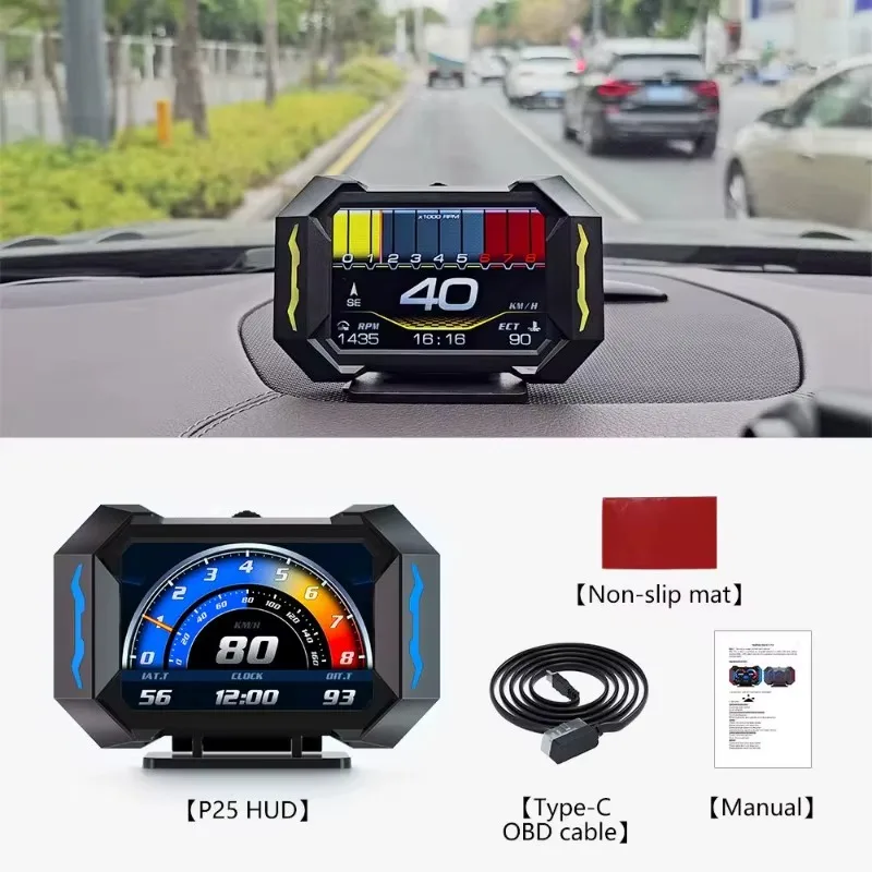 Car OBD HUD P25 GPS Head Up Display LCD OBD2 Car Digital Speedometer Speed RPM Water Temperature Multifunctional LCD Projector