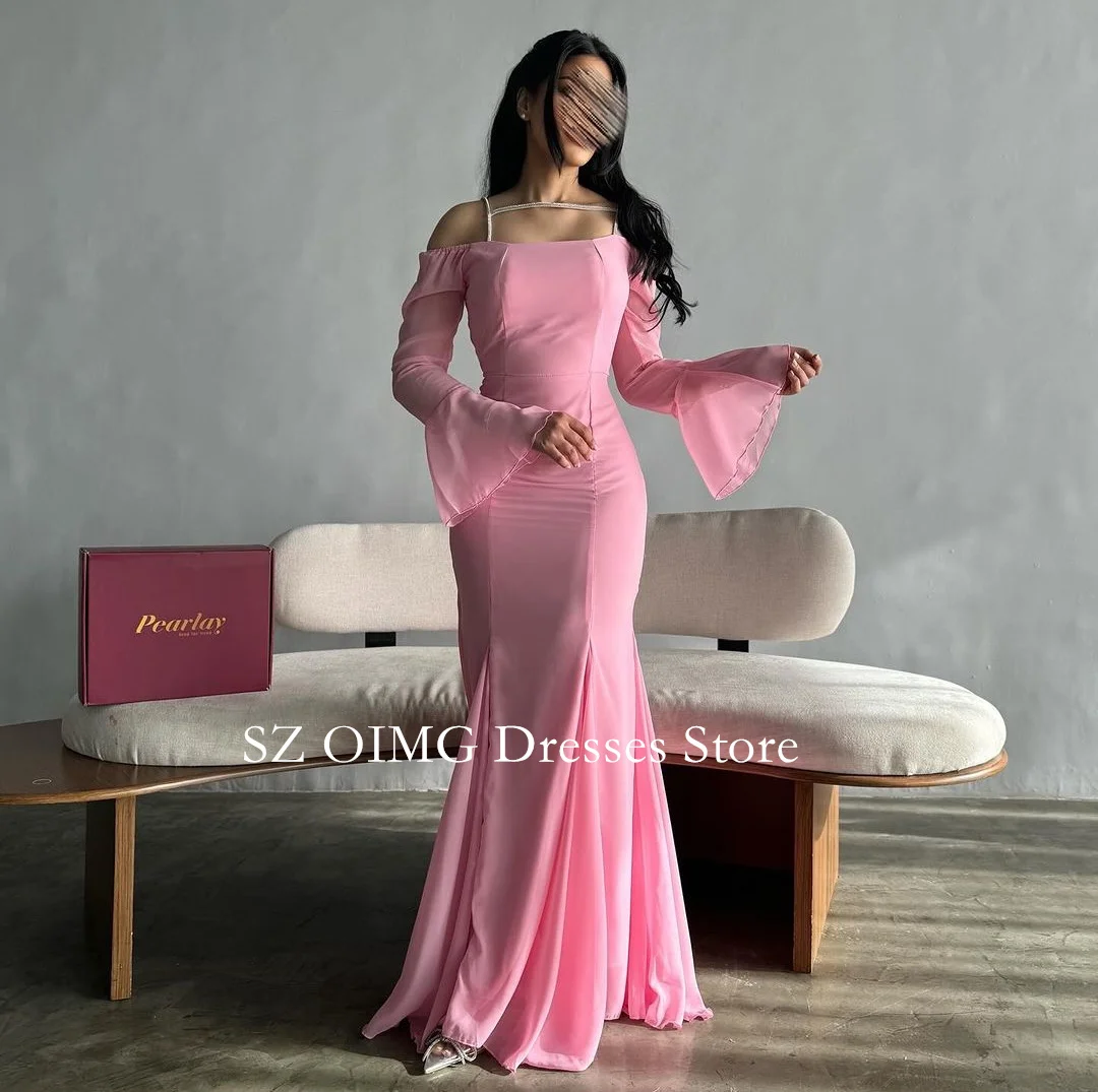 

OIMG Square Neck Pink Crystals Women Vintage Prom Dresses Long Sleeves Floor Length Evening Gowns 2024 Formal Party Dress