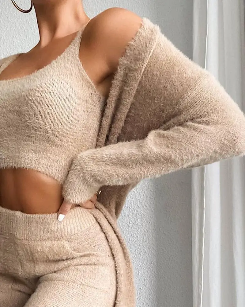 Herfst Winter Mode Dames Trui Pyjama Set Gezellige Lounge Wear Fuzzy Fleece Nachtkleding Met Gewaad 3-delige Lounge Wear Sets