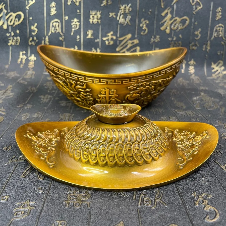 Old Bronze Tone Yuanbao Bowl Lucky Wealth 