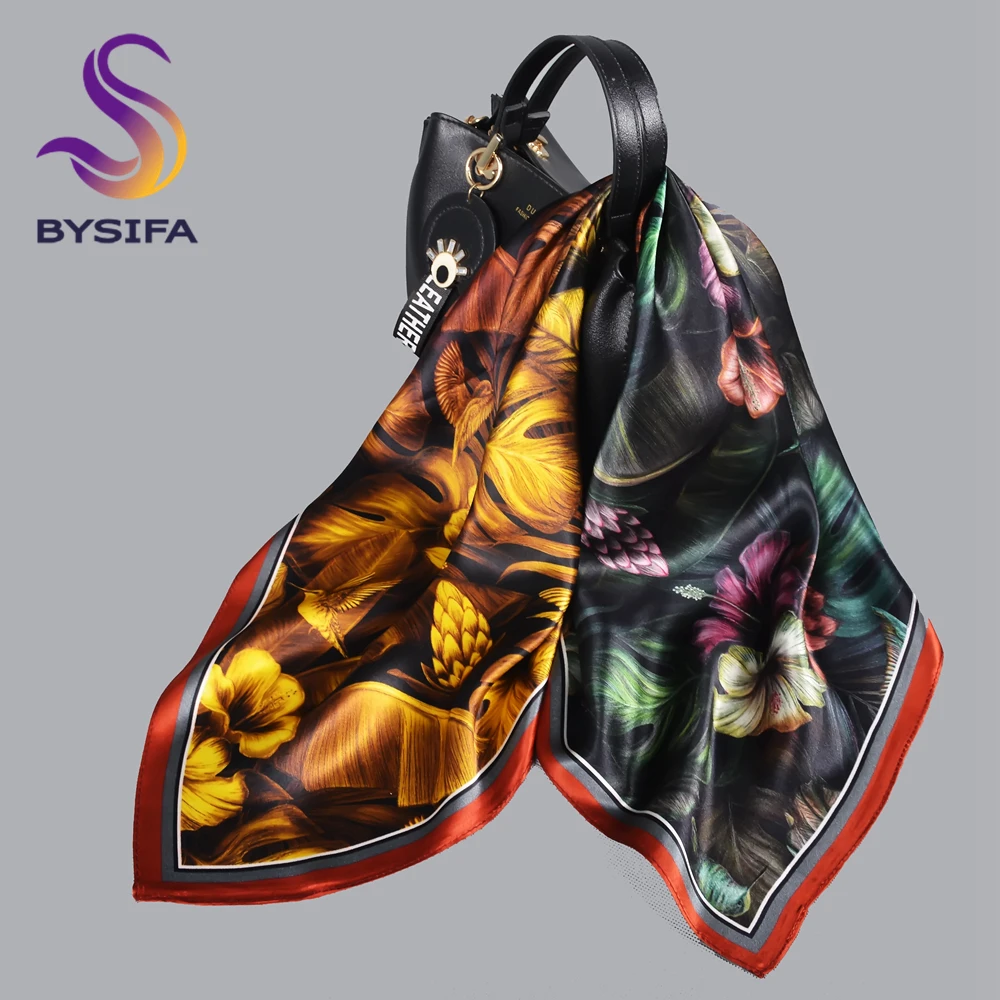 BYSIFA| Blue Green 100% Silk Shawl Scarf Cape Ladies Plants Flower Square Scarves Accessories Fouldard Brand Winter Neck Scarves