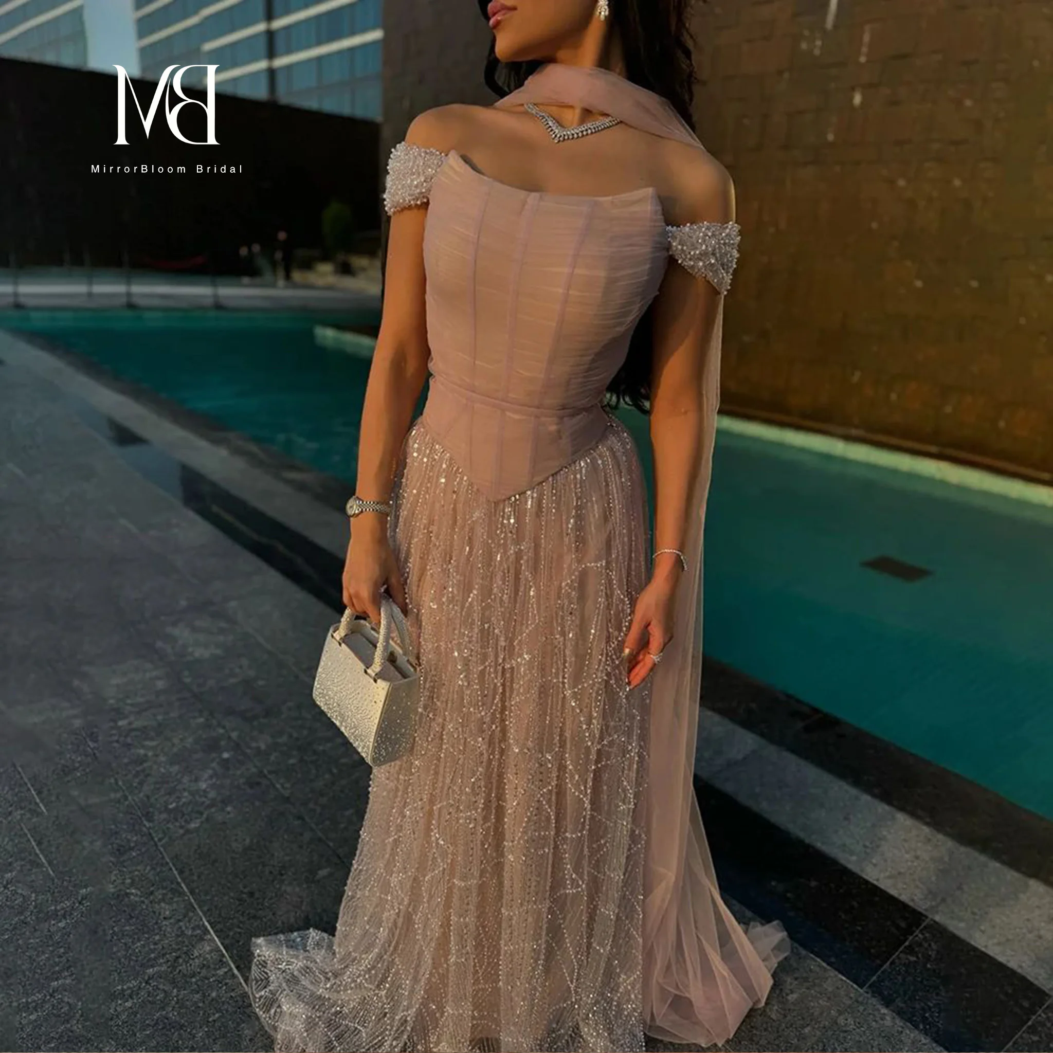 

Elegant Blush Pink Off-the-Shoulder A-line Evening Dress Women Beaded Short Sleeve Floor-Length Formal Wedding Guest Prom Gown