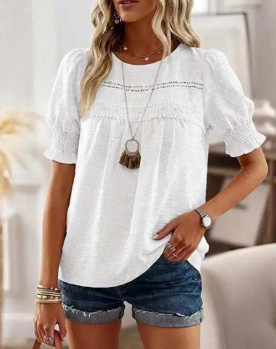

Top Women 2026 New Spring Solid Color Puff Sleeve Hollow-Out Lace Spliced 3D Jacquard Blouse Casual Shirred Cuffs Loose Fit Top