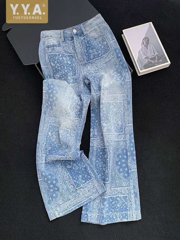 Vintage Women Versatile High Waist Blue Printed Wide Leg Denim Pants Office Casual Ladies High Street Loose Fit Straight Jeans