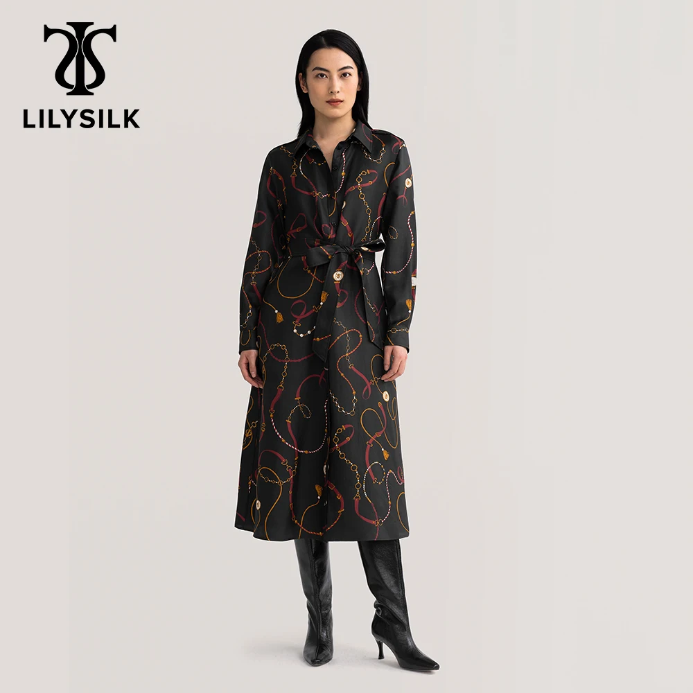 LILYSILK Print Silk Dress for Women Button Front Turn Down Collar Long Sleeve Luxury Shirt Dress New Free Shipping