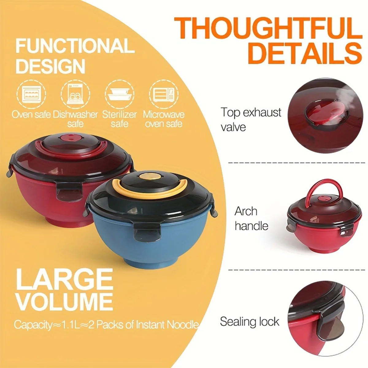 Portable Salad Noodle Soup Bowl Leak-Proof Lunch Box with Arched Handle & Vent Valve Microwave Safe Bowl For Home Office School
