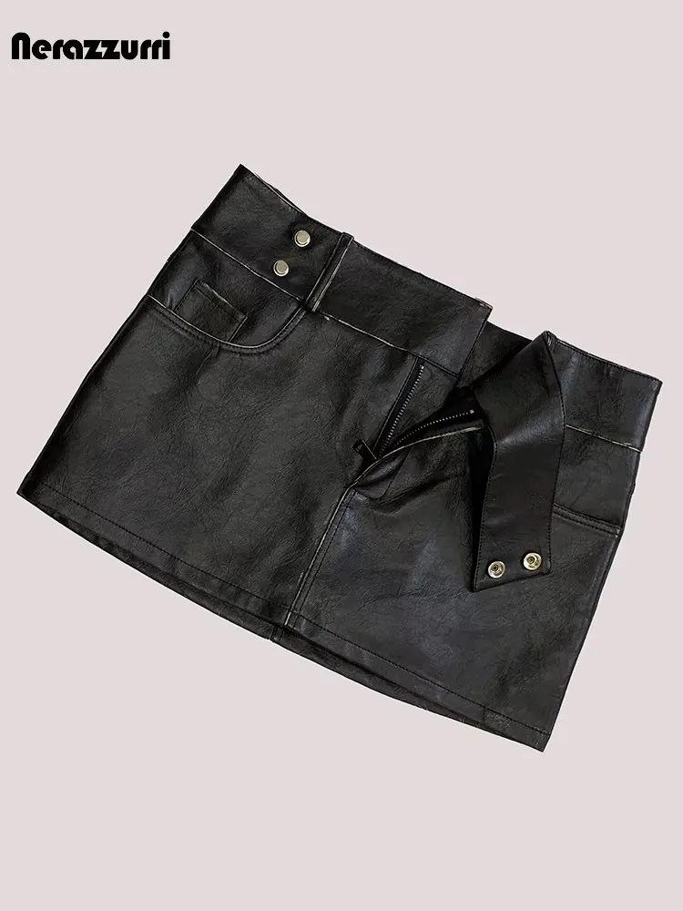 Nerazzurri Spring Summer Retro Distressed Brown Pu Leather Mini Skirt Women Low Waist Retro Short Luxury Designer Clothes 2026